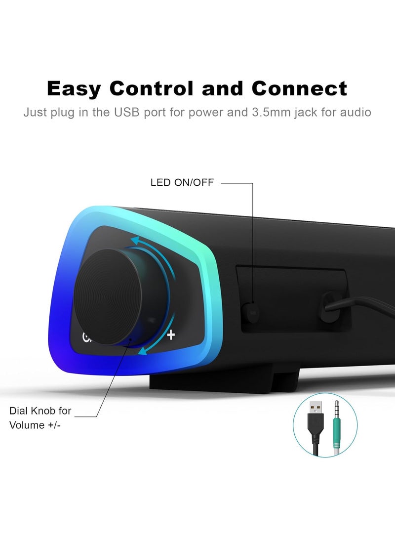 USB wired computer speaker, RGB computer soundbar, 3D surround sound speaker, with volume knob, 3.5mm audio input, suitable for desktop computers, laptops, smartphones, and tablets. - Image 3